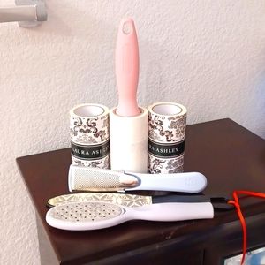 Lint roller and foot scrub brushes